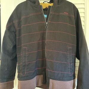 Kavu Black Jacket with Pink Stitching and Tan Sherpa Lining